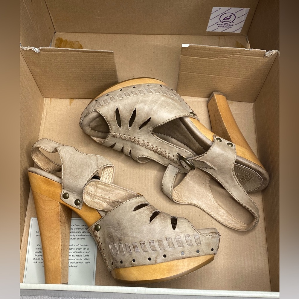 Frye Tan Leather Peep Heels